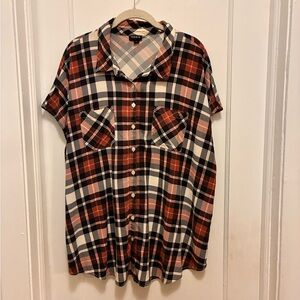 Torrid Short Sleeve Plaid Button-Up Shirt - Red,Black & Cream